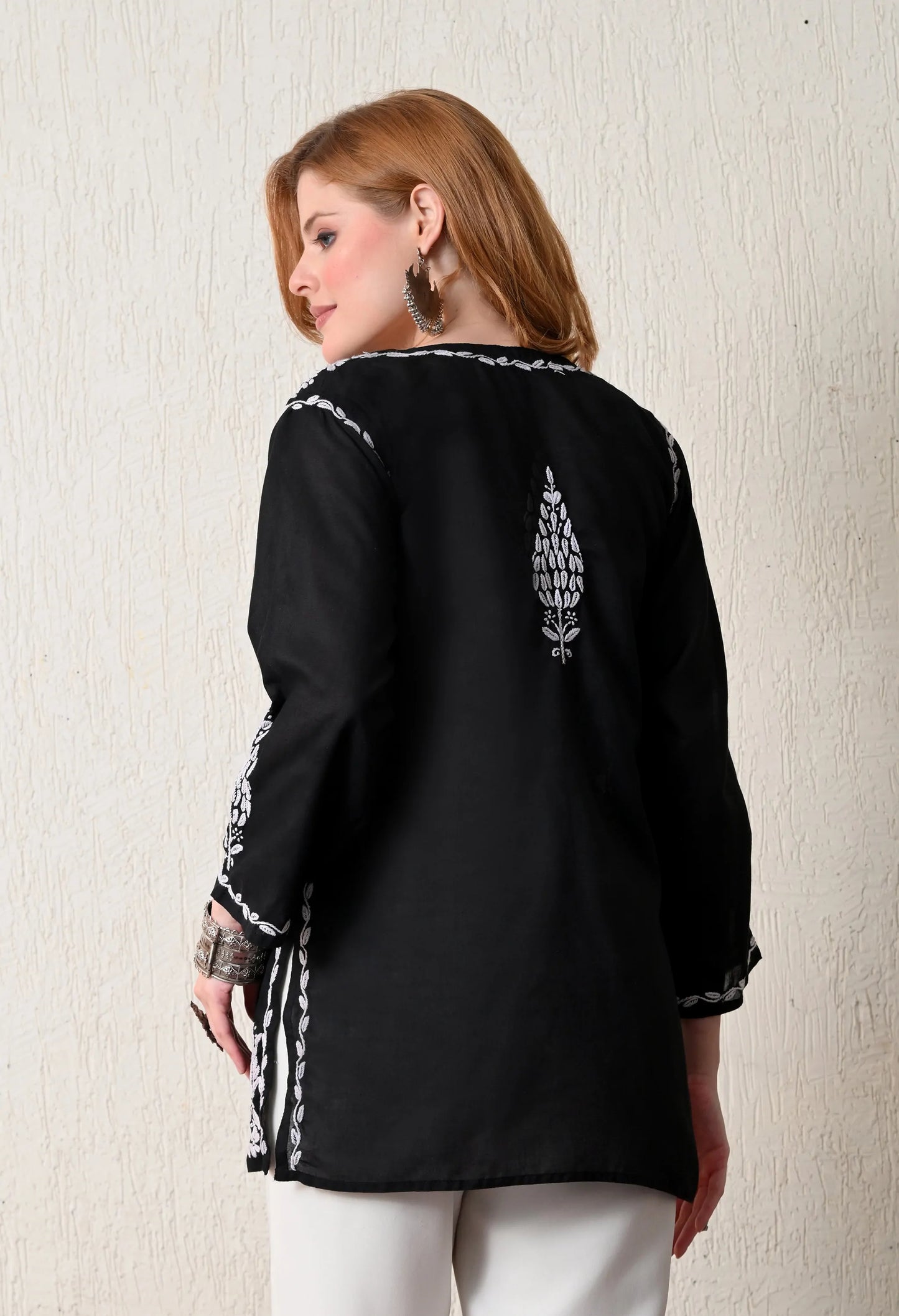 Women Hand Embroidered Lucknowi Chikankari Cotton Straight Short Top | Black Colour
