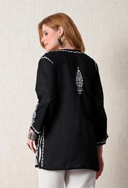 Women Hand Embroidered Lucknowi Chikankari Cotton Straight Short Top | Black Colour