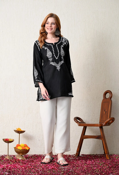 Women Hand Embroidered Lucknowi Chikankari Cotton Straight Short Top | Black Colour
