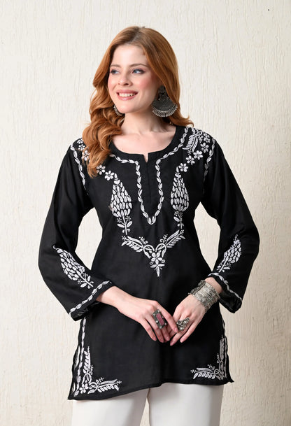 Women Hand Embroidered Lucknowi Chikankari Cotton Straight Short Top | Black Colour