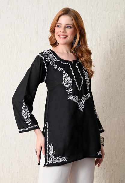 Women Hand Embroidered Lucknowi Chikankari Cotton Straight Short Top | Black Colour