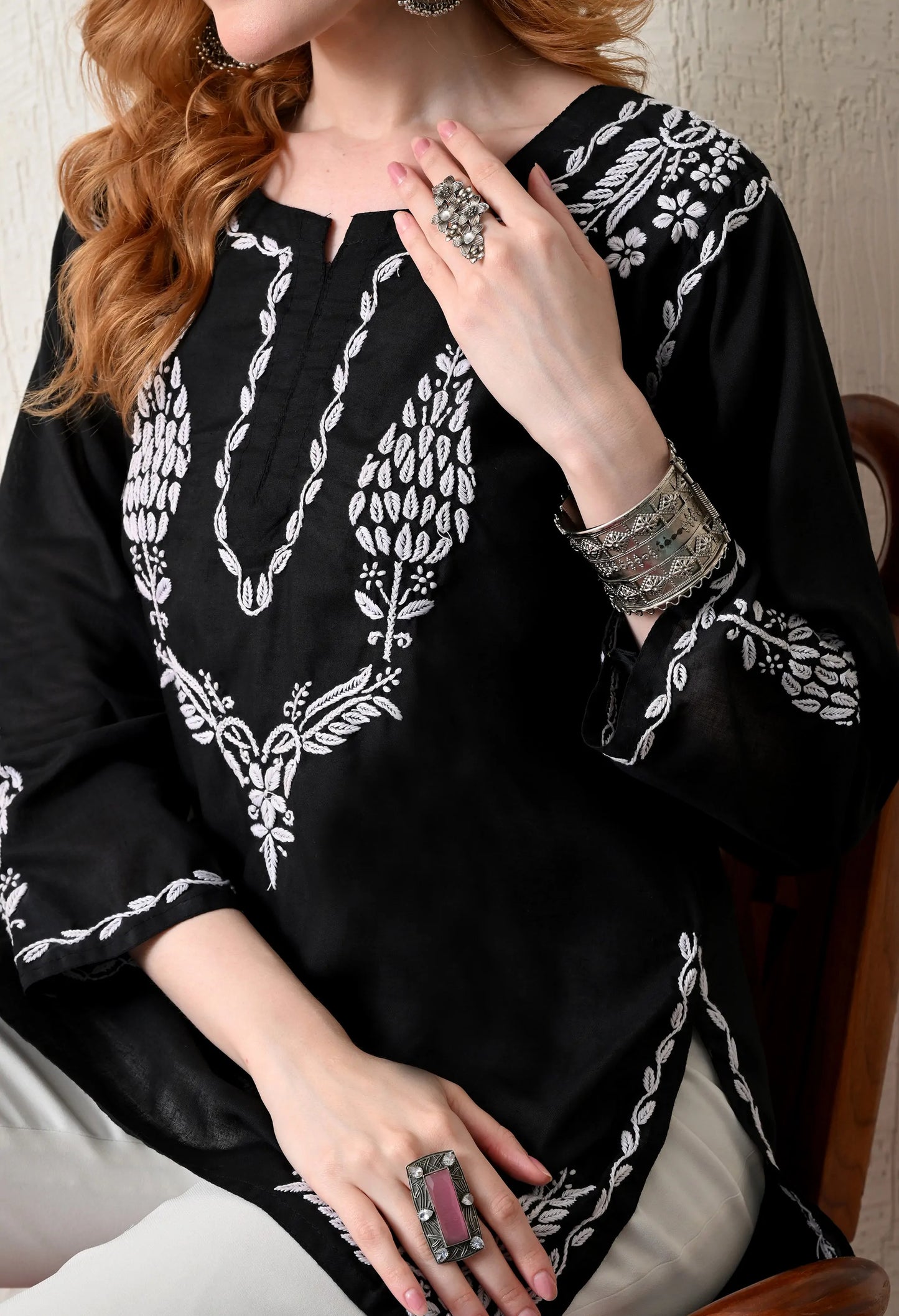 Women Hand Embroidered Lucknowi Chikankari Cotton Straight Short Top | Black Colour