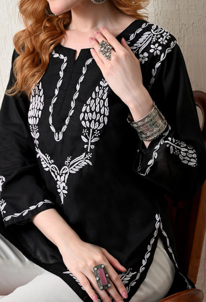 Women Hand Embroidered Lucknowi Chikankari Cotton Straight Short Top | Black Colour