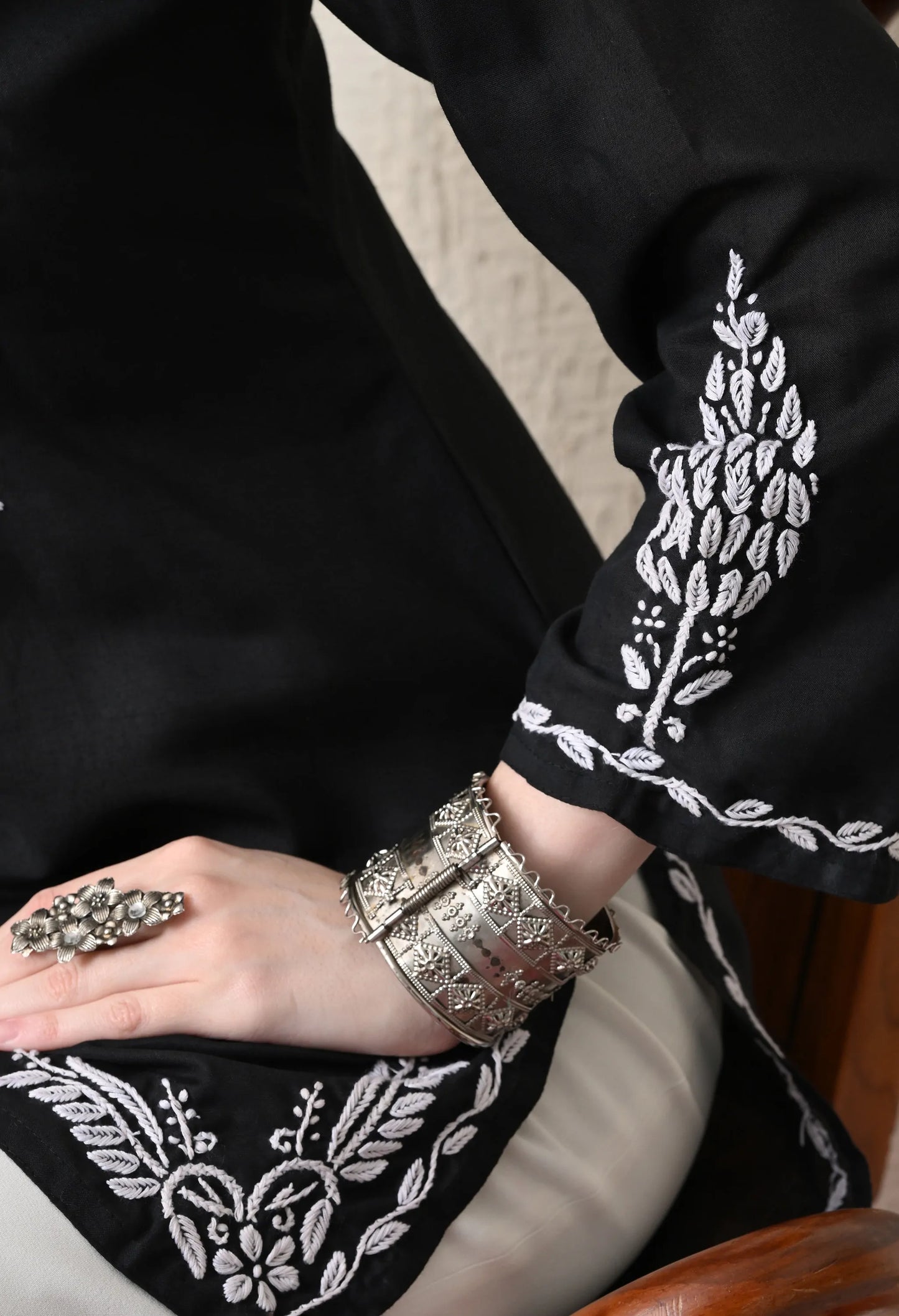 Women Hand Embroidered Lucknowi Chikankari Cotton Straight Short Top | Black Colour