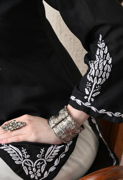 Women Hand Embroidered Lucknowi Chikankari Cotton Straight Short Top | Black Colour