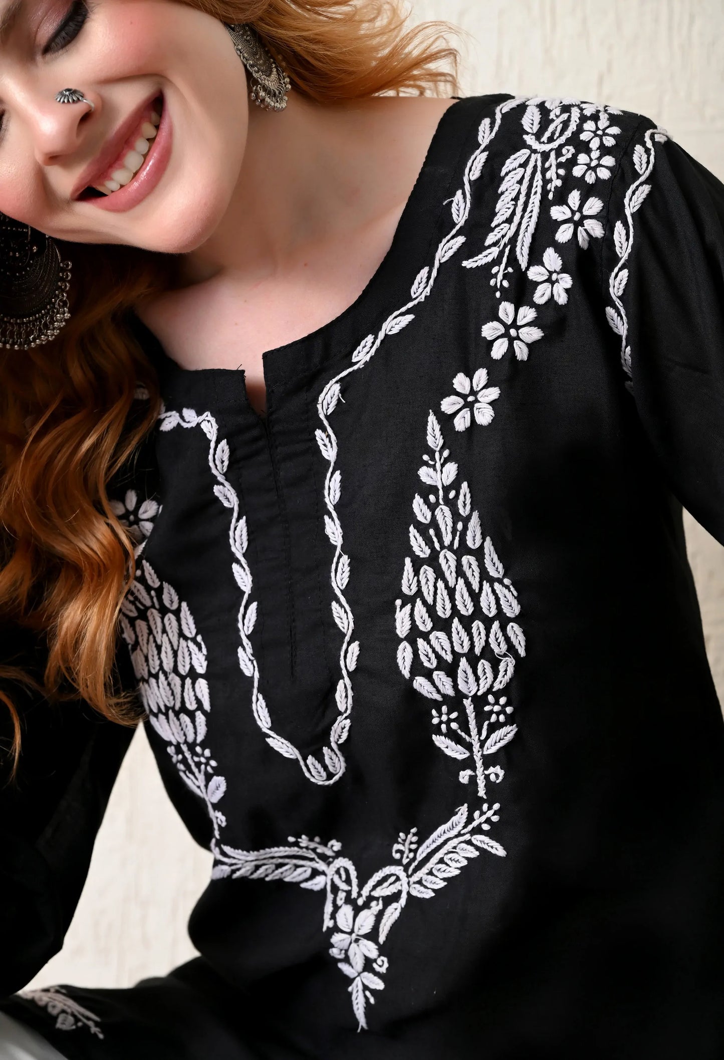 Women Hand Embroidered Lucknowi Chikankari Cotton Straight Short Top | Black Colour