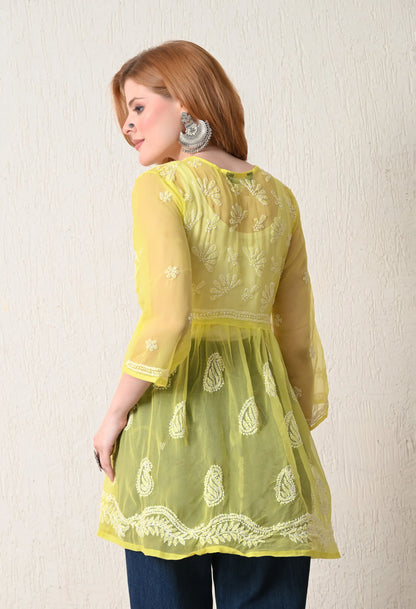 SOFT GEAORGETTE CHIKAN HANDWORK SHORT GOWN | LEMON YELLOW