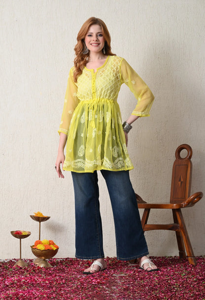 SOFT GEAORGETTE CHIKAN HANDWORK SHORT GOWN | LEMON YELLOW