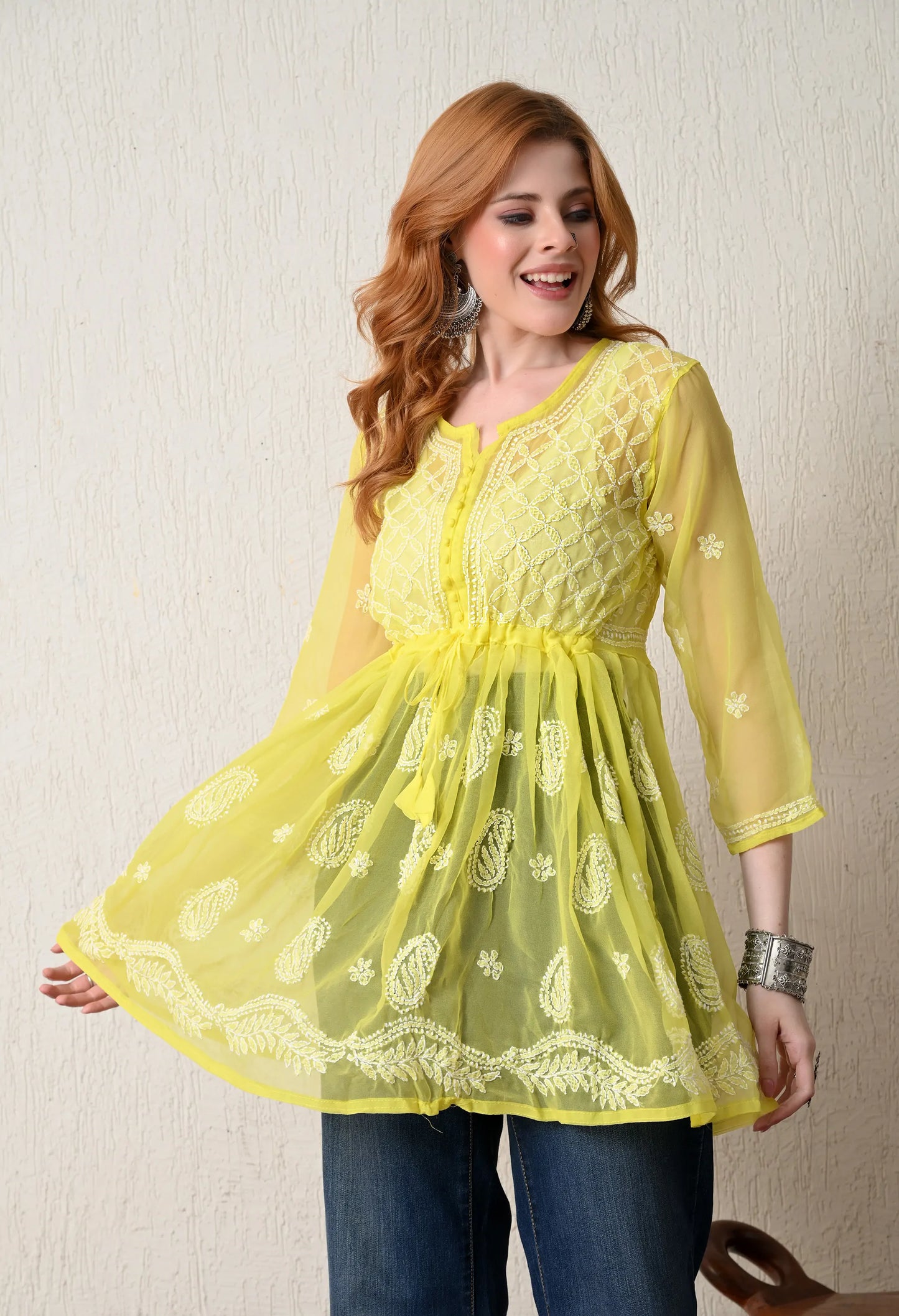 SOFT GEAORGETTE CHIKAN HANDWORK SHORT GOWN | LEMON YELLOW