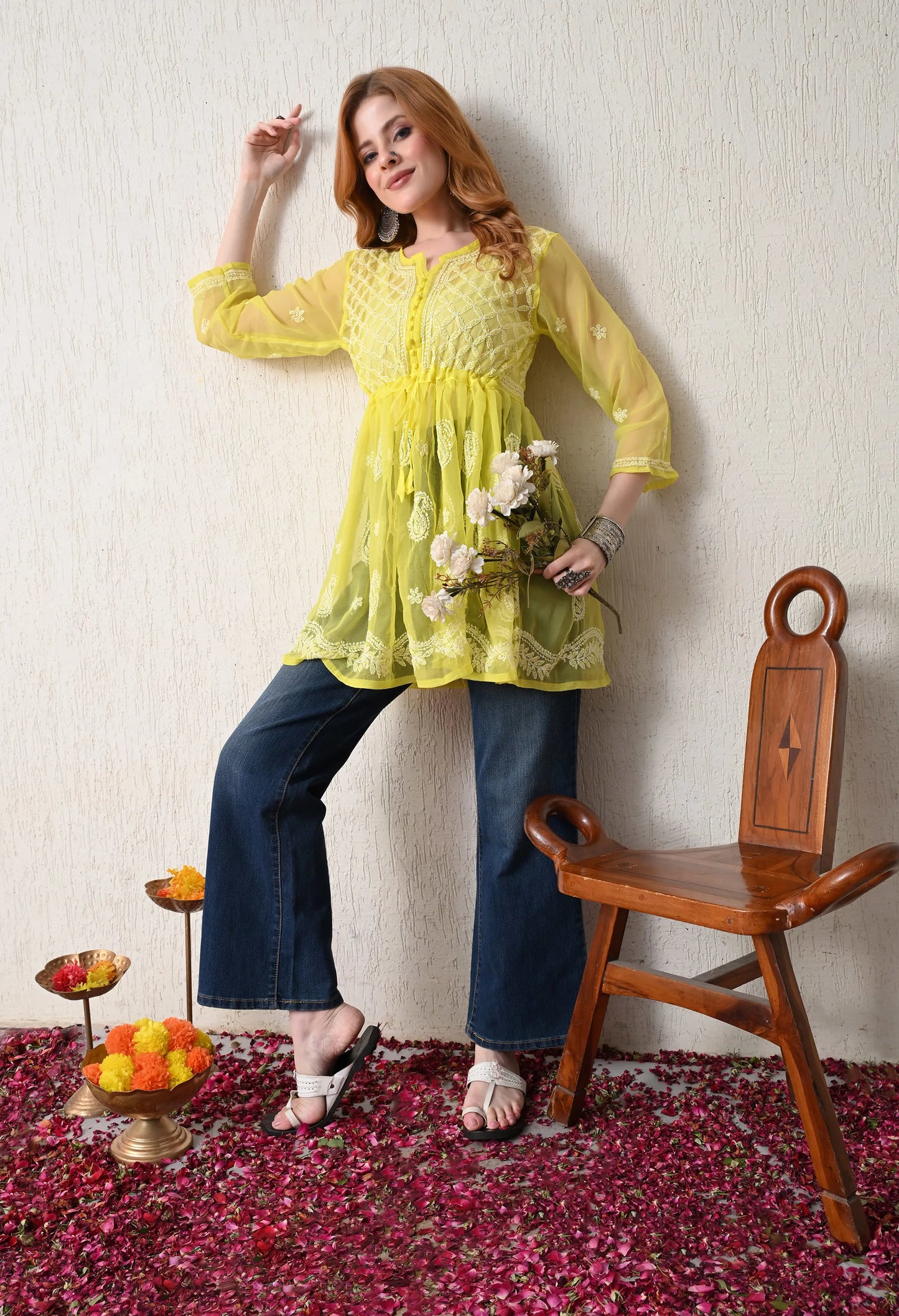 SOFT GEAORGETTE CHIKAN HANDWORK SHORT GOWN | LEMON YELLOW
