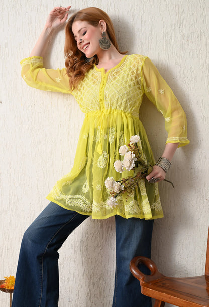 SOFT GEAORGETTE CHIKAN HANDWORK SHORT GOWN | LEMON YELLOW