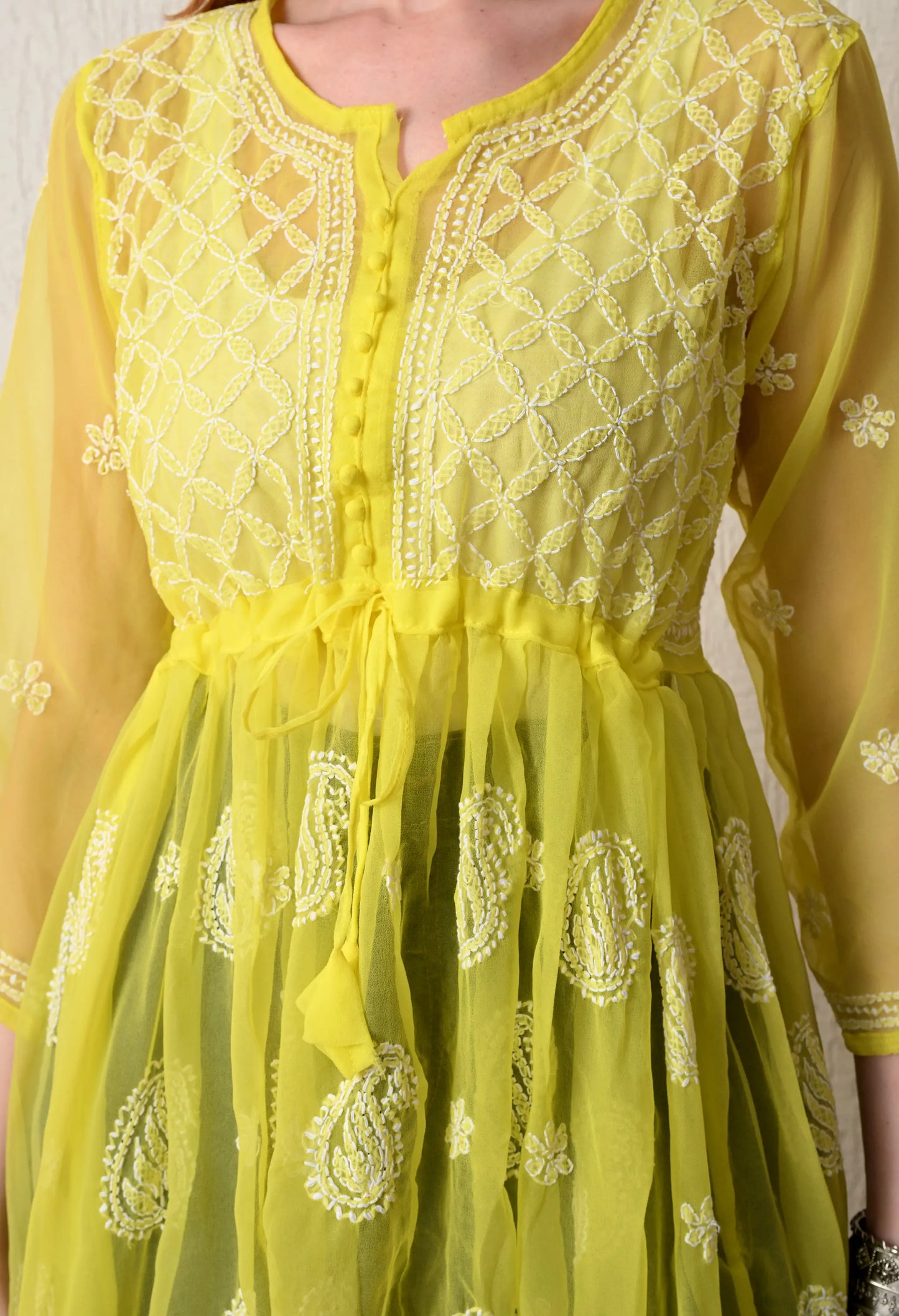SOFT GEAORGETTE CHIKAN HANDWORK SHORT GOWN | LEMON YELLOW