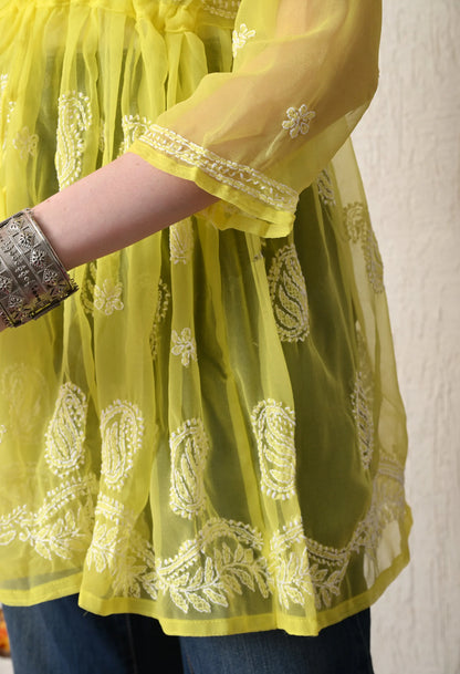 SOFT GEAORGETTE CHIKAN HANDWORK SHORT GOWN | LEMON YELLOW