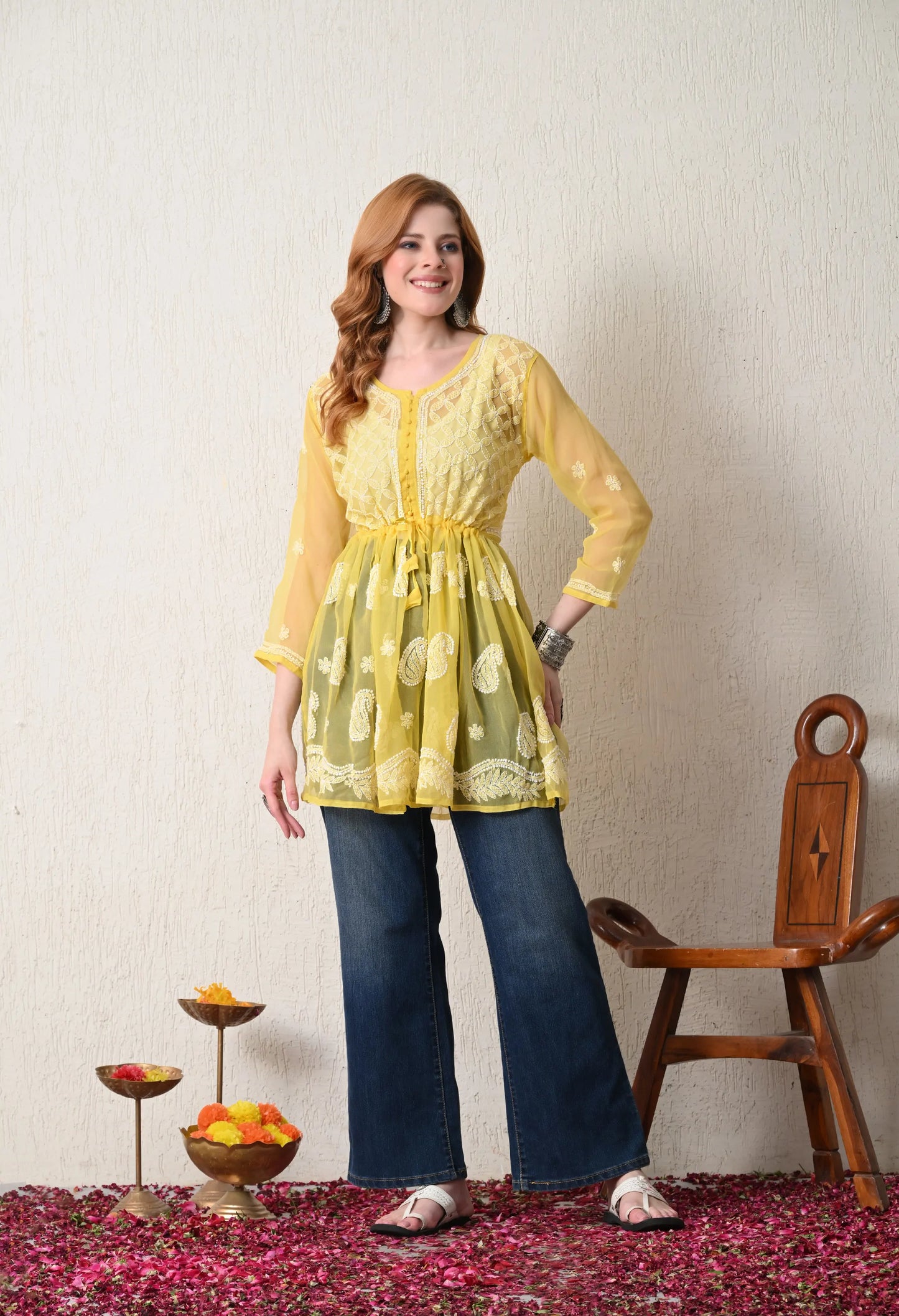 SOFT GEAORGETTE CHIKAN HANDWORK SHORT GOWN | MANGO YELLOW