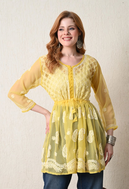 SOFT GEAORGETTE CHIKAN HANDWORK SHORT GOWN | MANGO YELLOW