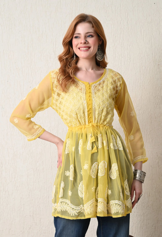 SOFT GEAORGETTE CHIKAN HANDWORK SHORT GOWN | MANGO YELLOW