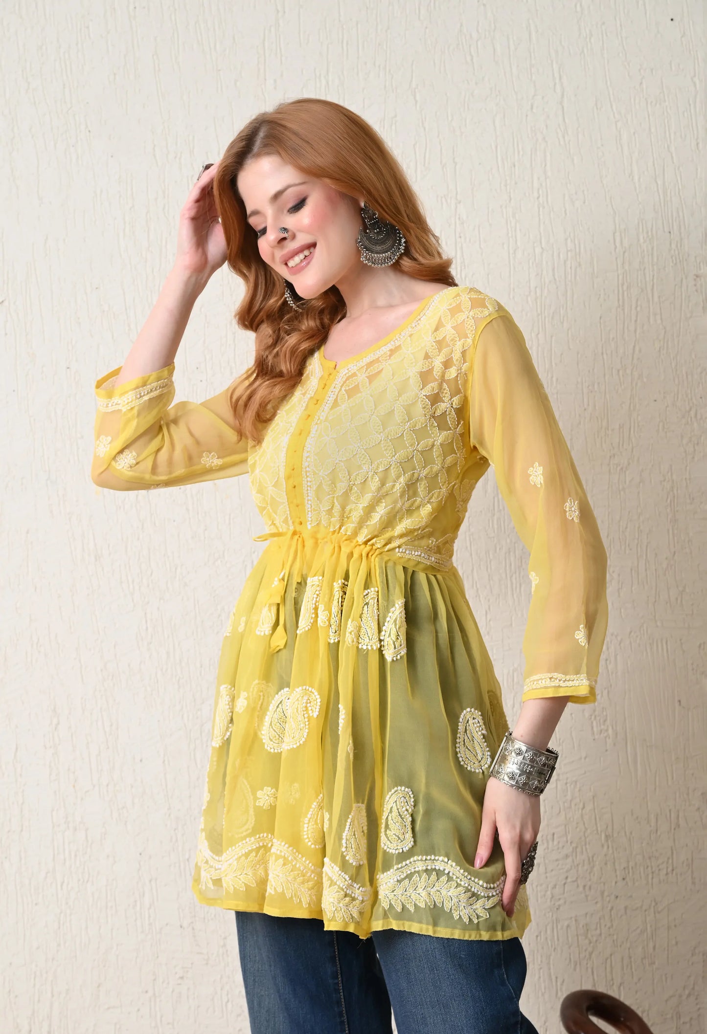 SOFT GEAORGETTE CHIKAN HANDWORK SHORT GOWN | MANGO YELLOW