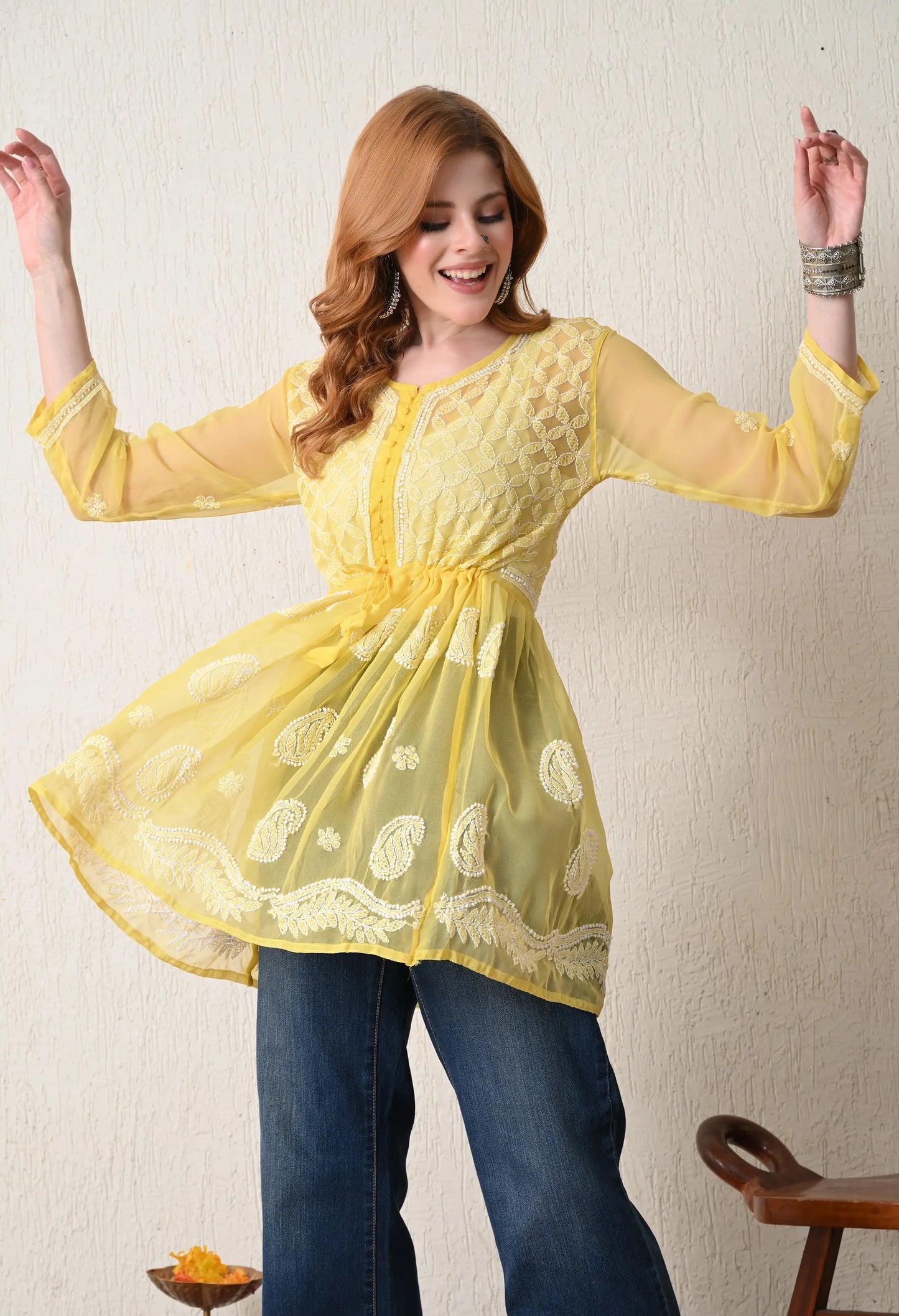 SOFT GEAORGETTE CHIKAN HANDWORK SHORT GOWN | MANGO YELLOW