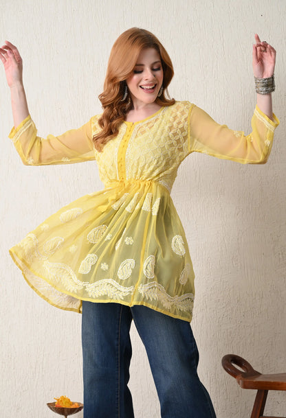 SOFT GEAORGETTE CHIKAN HANDWORK SHORT GOWN | MANGO YELLOW