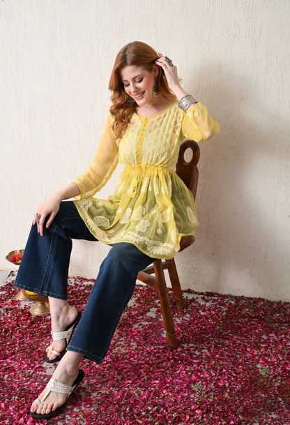 SOFT GEAORGETTE CHIKAN HANDWORK SHORT GOWN | MANGO YELLOW