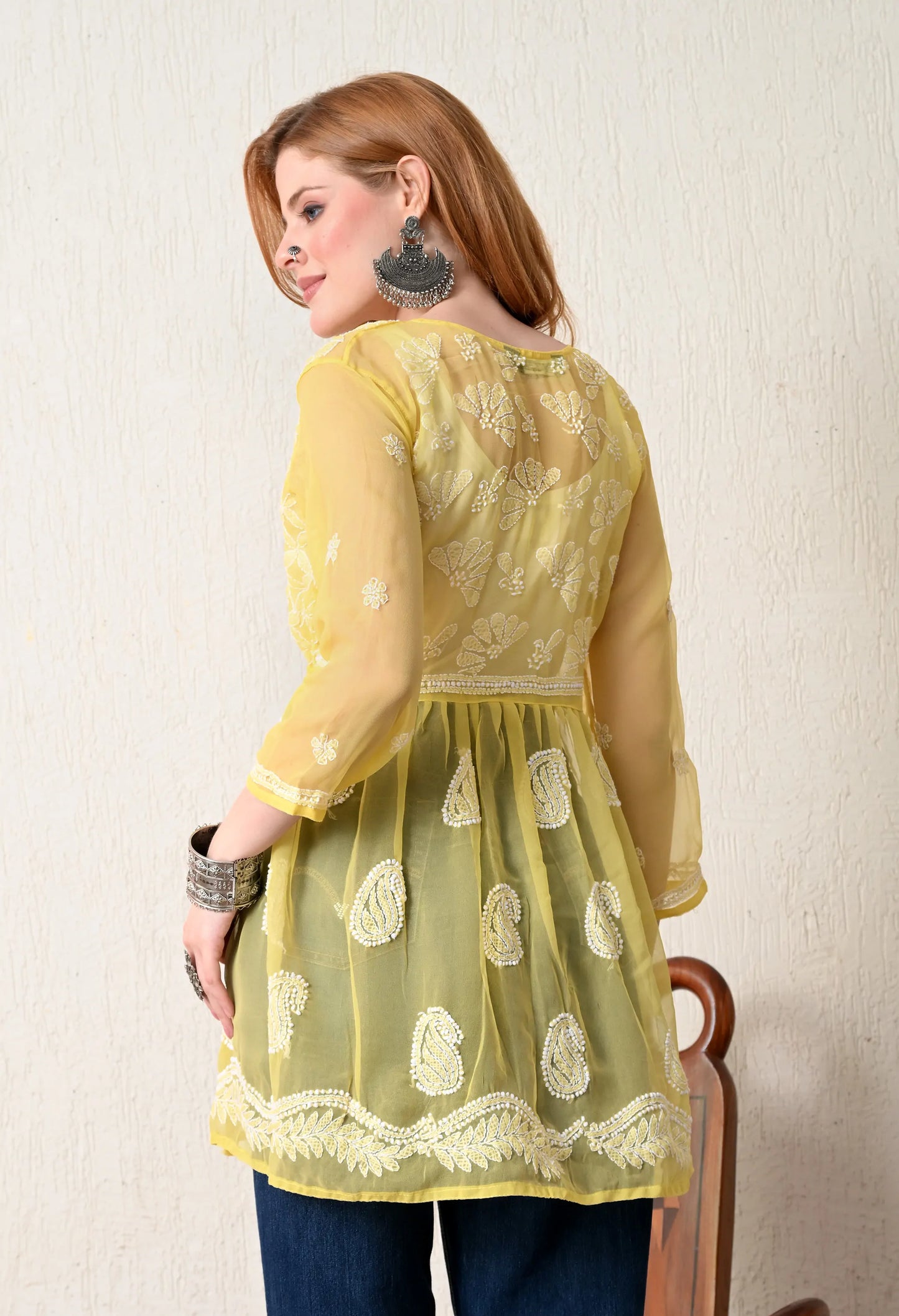SOFT GEAORGETTE CHIKAN HANDWORK SHORT GOWN | MANGO YELLOW