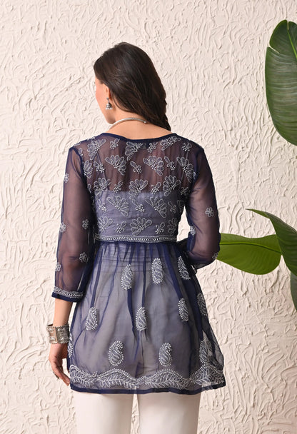SOFT GEAORGETTE CHIKAN HANDWORK SHORT GOWN | NAVY BLUE