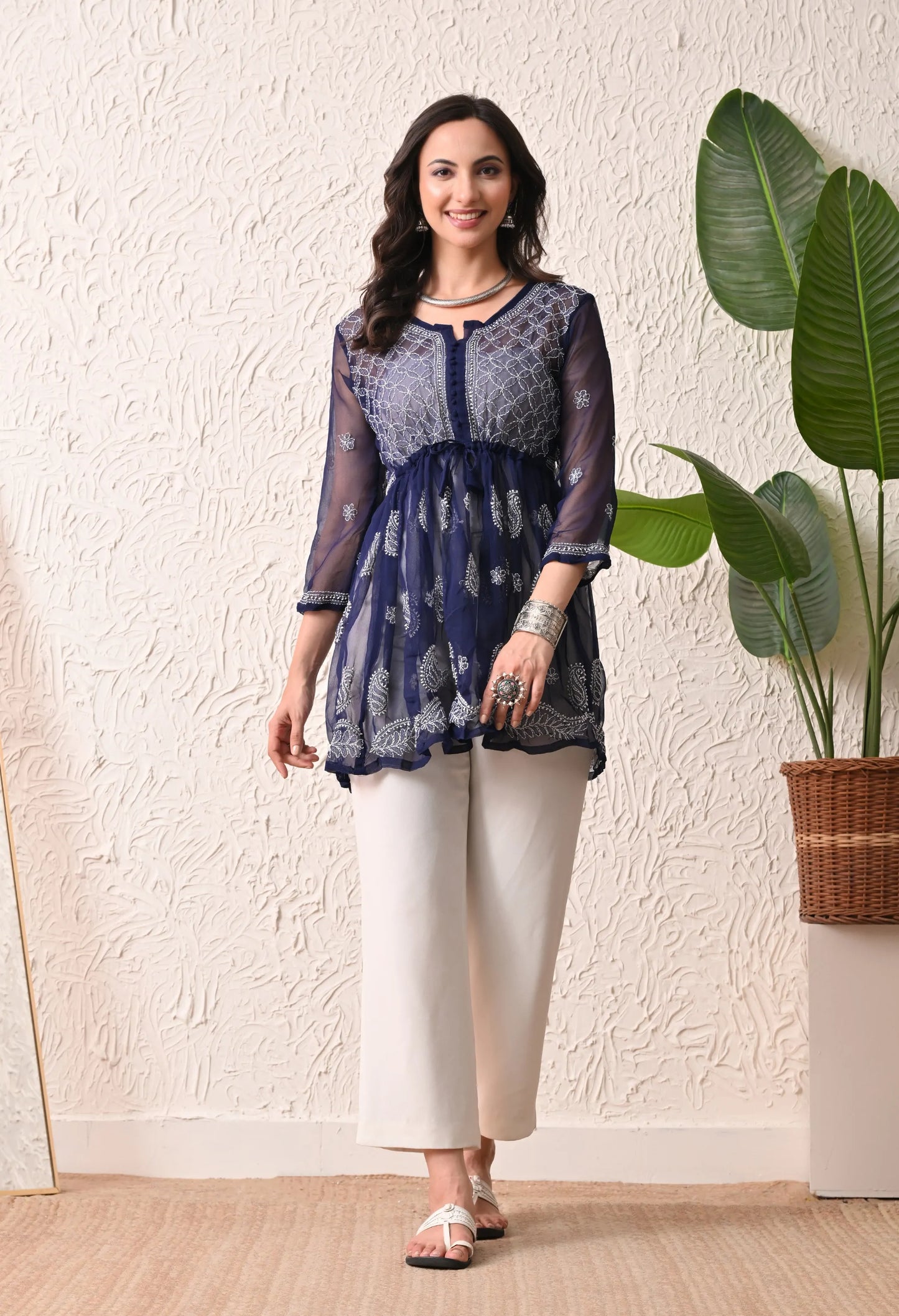 SOFT GEAORGETTE CHIKAN HANDWORK SHORT GOWN | NAVY BLUE