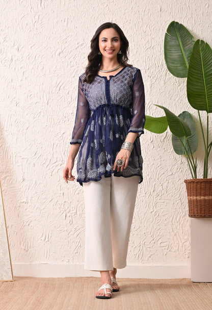 SOFT GEAORGETTE CHIKAN HANDWORK SHORT GOWN | NAVY BLUE