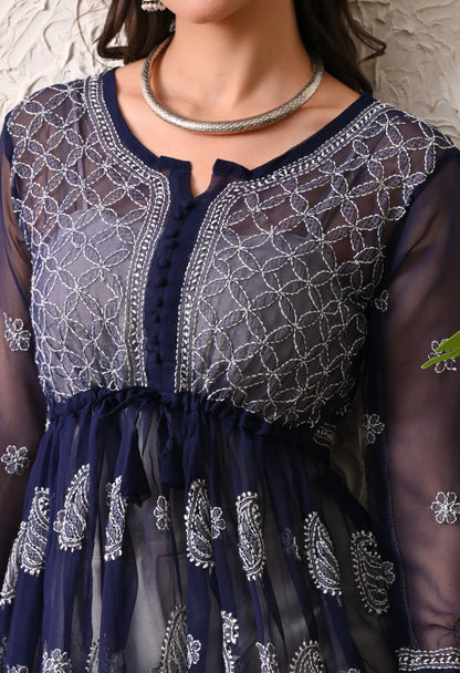 SOFT GEAORGETTE CHIKAN HANDWORK SHORT GOWN | NAVY BLUE