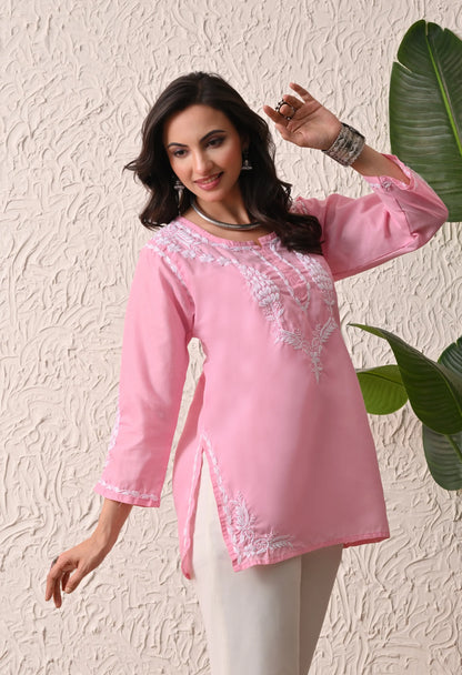 Women Hand Embroidered Lucknowi Chikankari Cotton Straight Short Top | Baby Pink Colour
