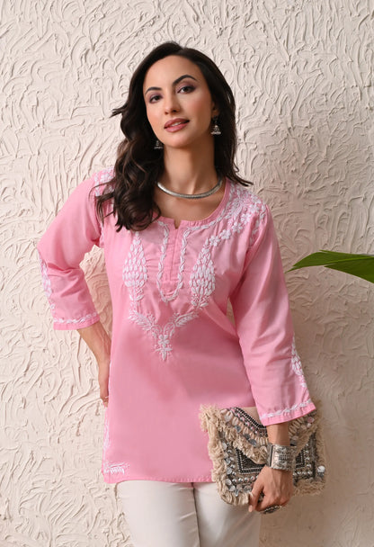 Women Hand Embroidered Lucknowi Chikankari Cotton Straight Short Top | Baby Pink Colour