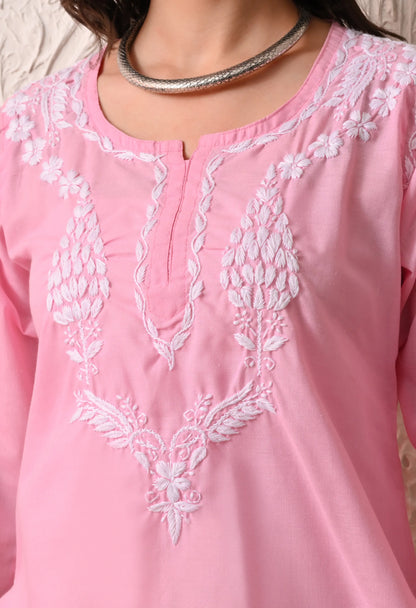 Women Hand Embroidered Lucknowi Chikankari Cotton Straight Short Top | Baby Pink Colour
