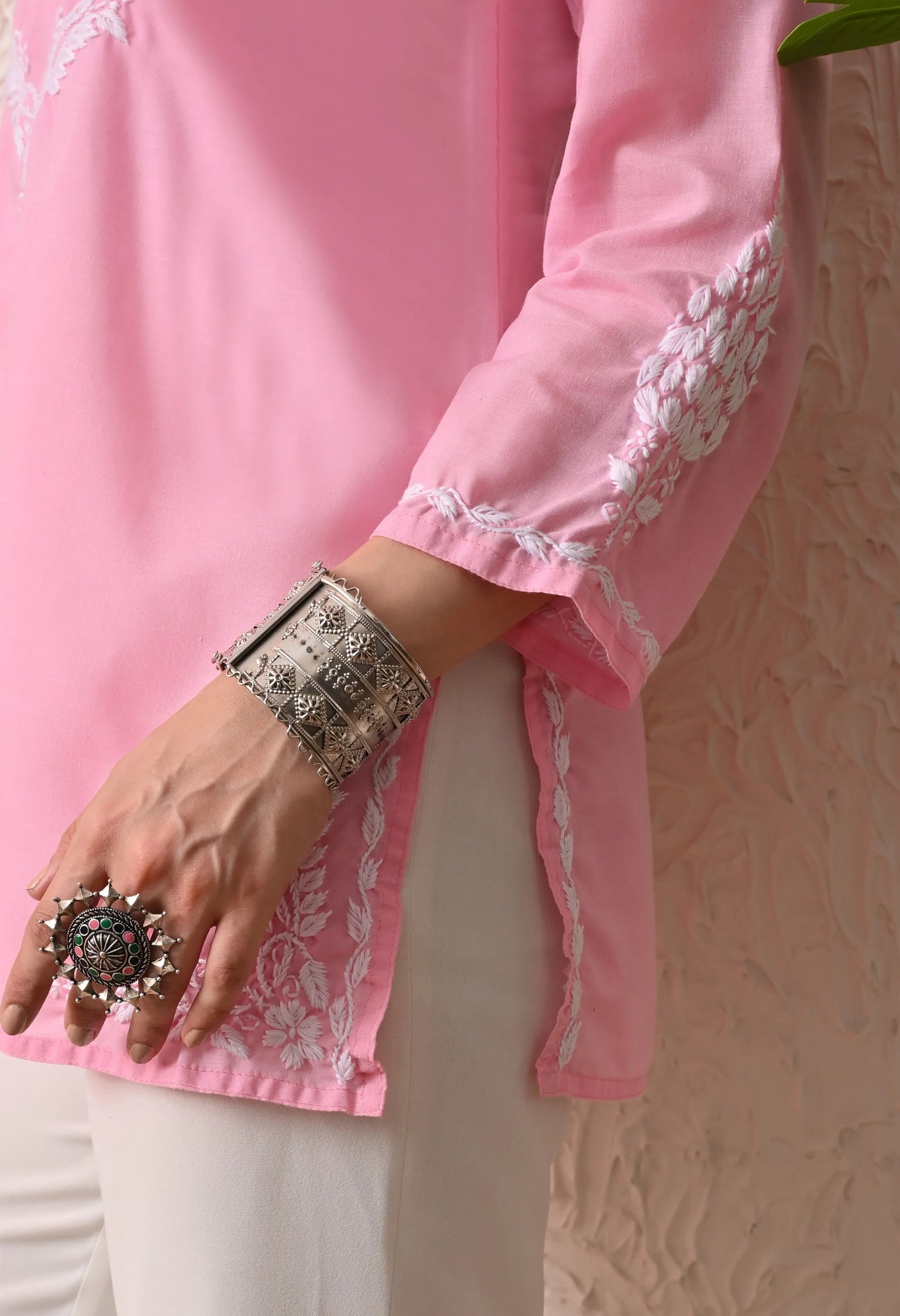 Women Hand Embroidered Lucknowi Chikankari Cotton Straight Short Top | Baby Pink Colour
