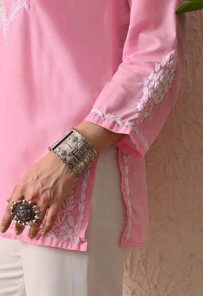 Women Hand Embroidered Lucknowi Chikankari Cotton Straight Short Top | Baby Pink Colour