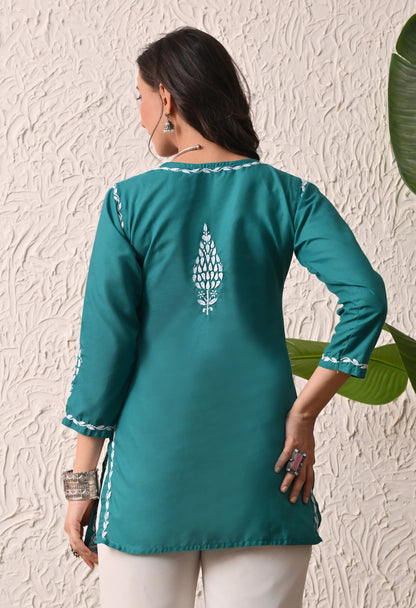 Women Hand Embroidered Lucknowi Chikankari Cotton Straight Short Top | Rama Green
