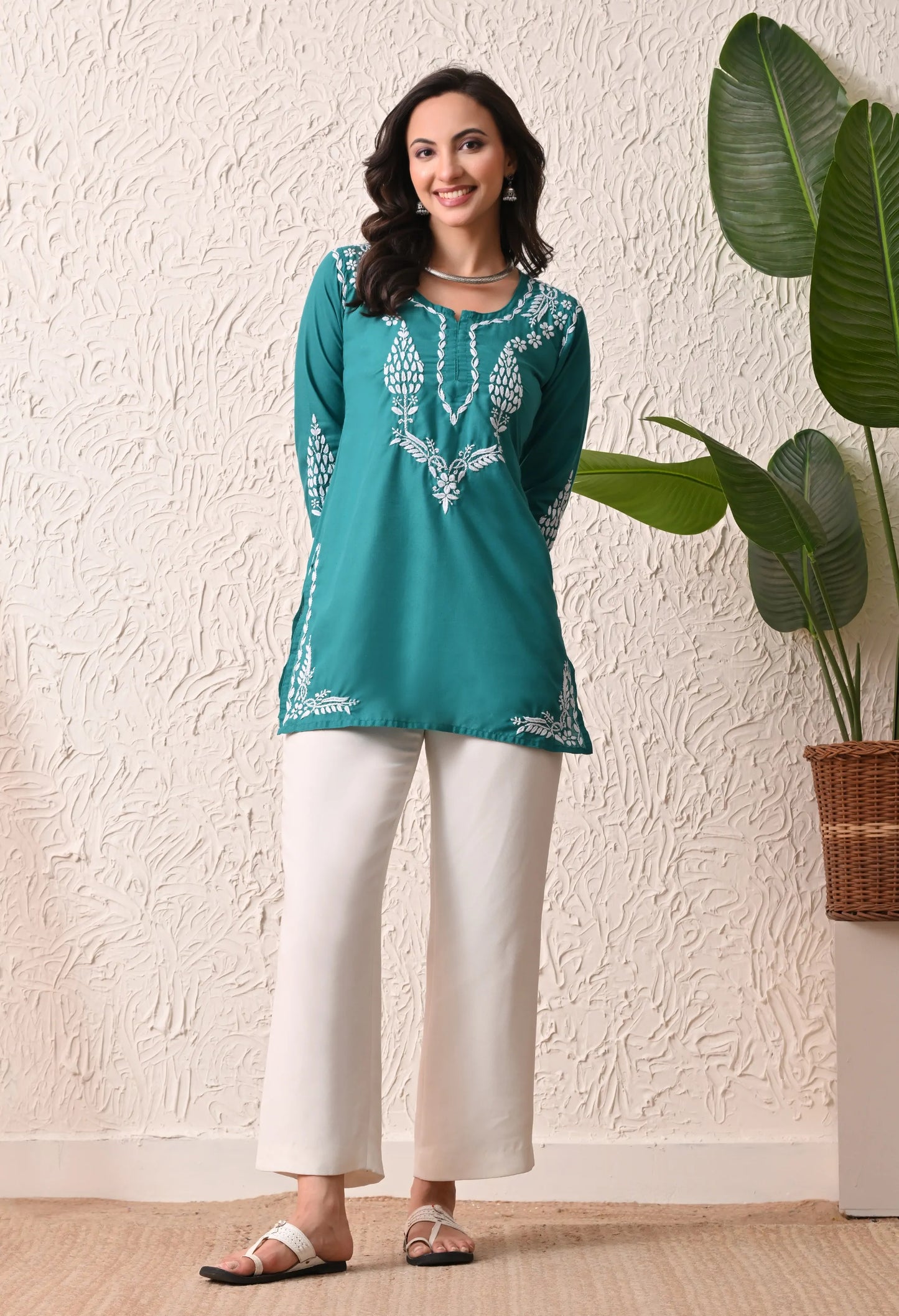 Women Hand Embroidered Lucknowi Chikankari Cotton Straight Short Top | Rama Green