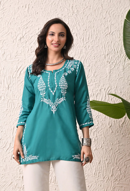 Women Hand Embroidered Lucknowi Chikankari Cotton Straight Short Top | Rama Green