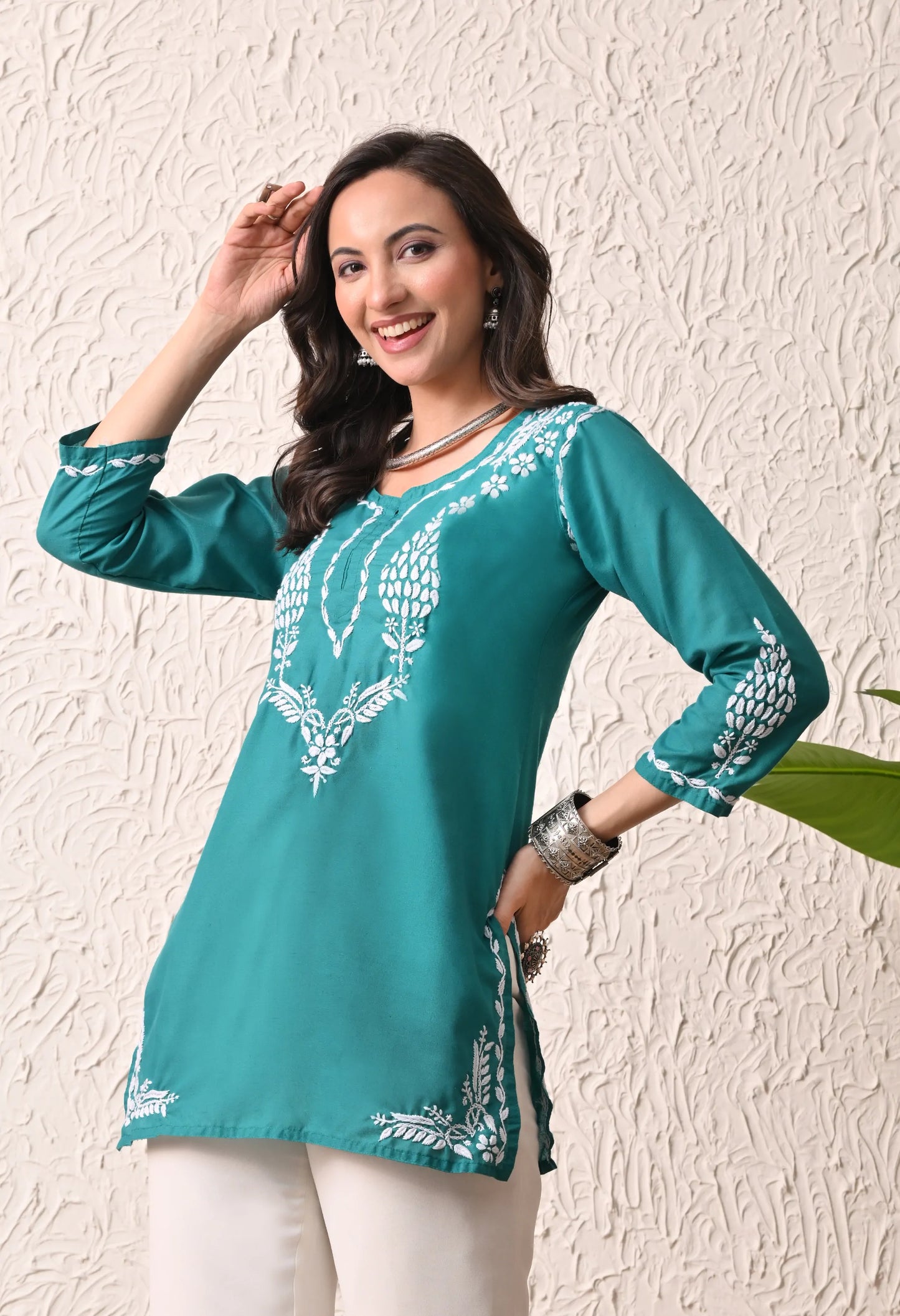 Women Hand Embroidered Lucknowi Chikankari Cotton Straight Short Top | Rama Green