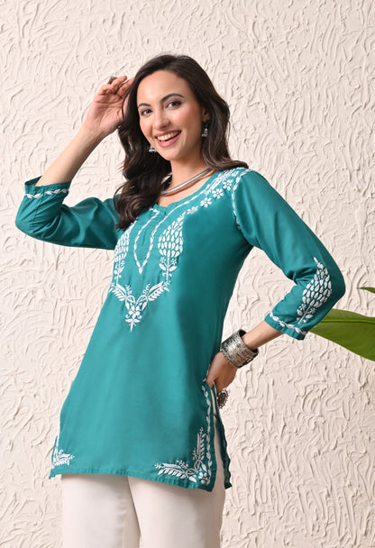 Women Hand Embroidered Lucknowi Chikankari Cotton Straight Short Top | Rama Green