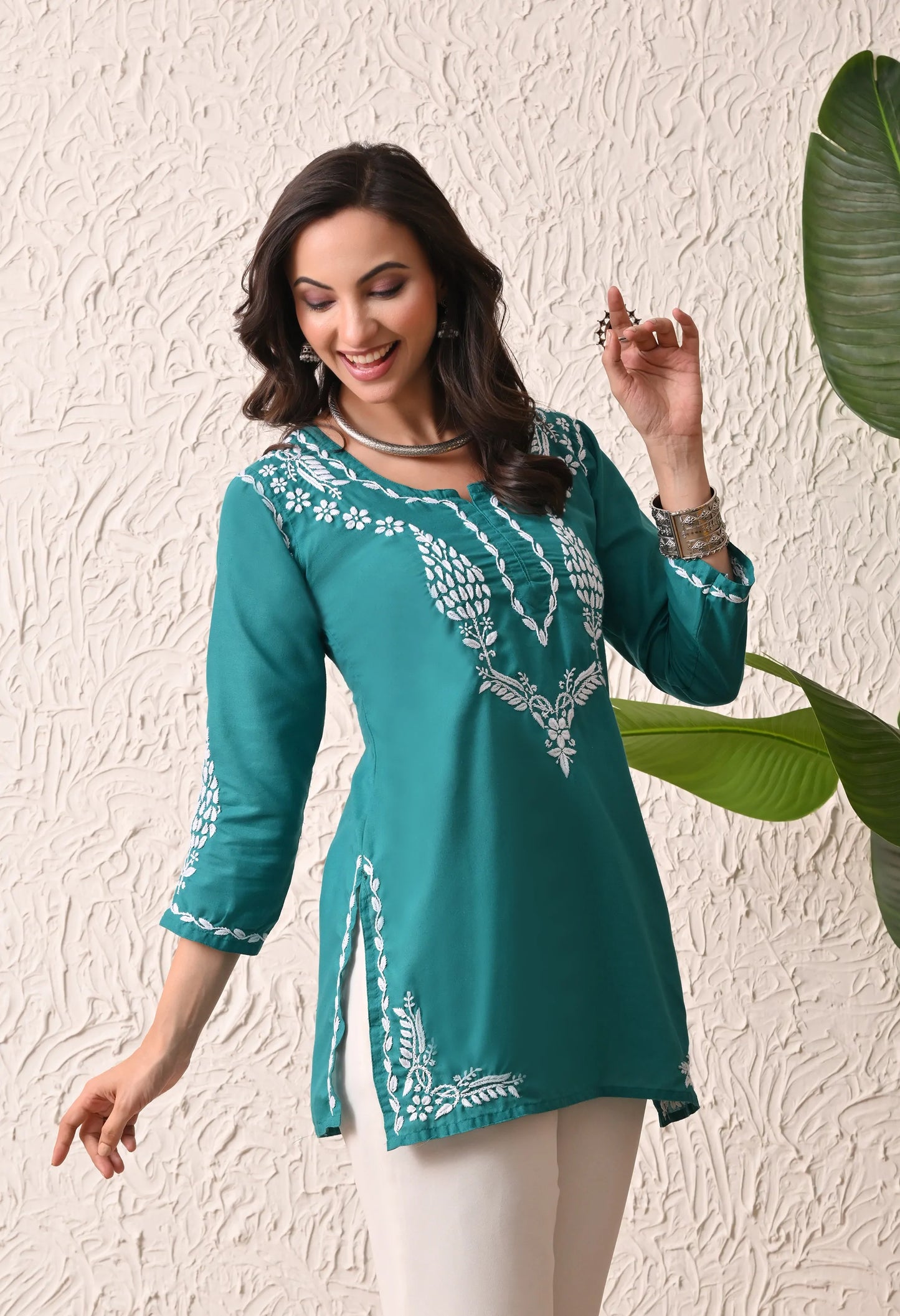 Women Hand Embroidered Lucknowi Chikankari Cotton Straight Short Top | Rama Green