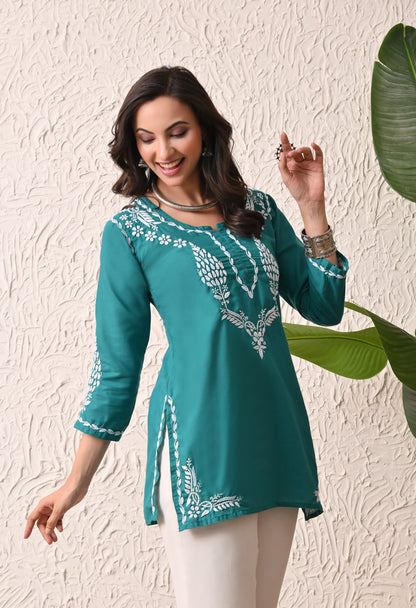 Women Hand Embroidered Lucknowi Chikankari Cotton Straight Short Top | Rama Green