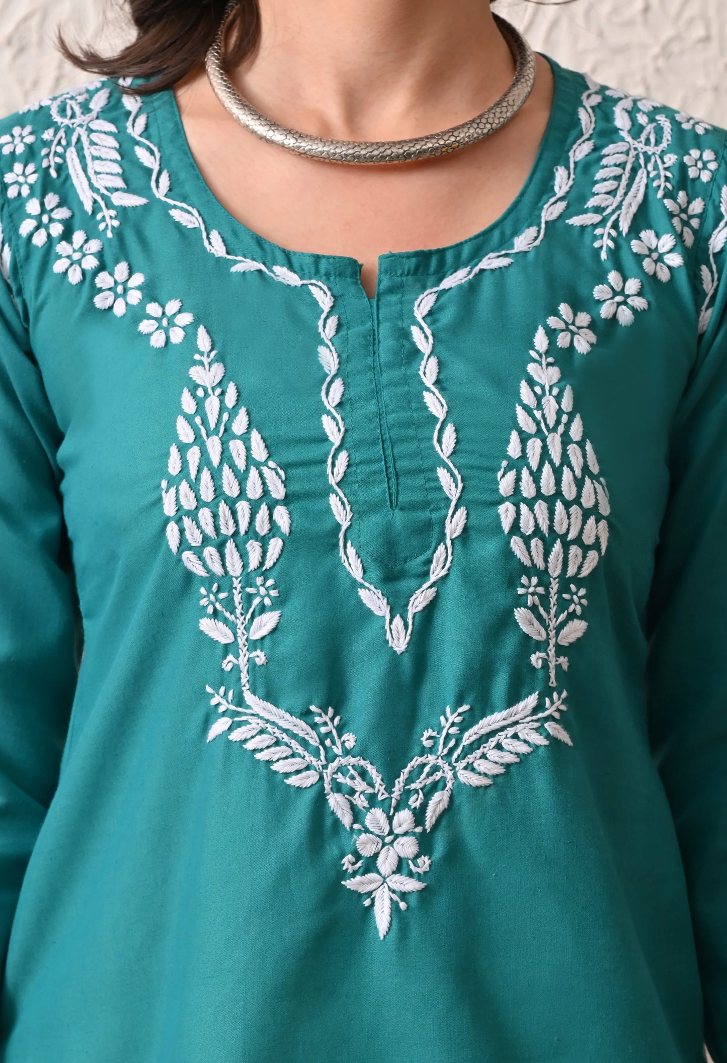 Women Hand Embroidered Lucknowi Chikankari Cotton Straight Short Top | Rama Green