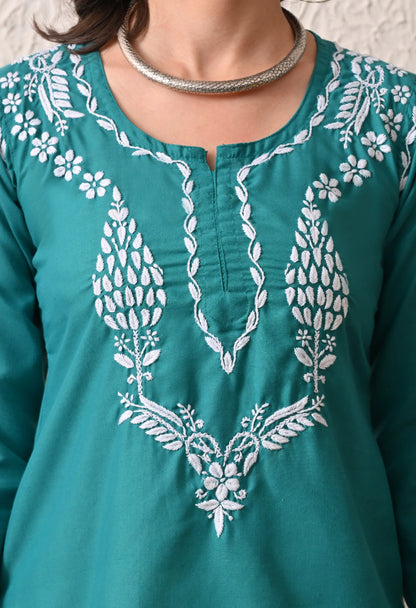 Women Hand Embroidered Lucknowi Chikankari Cotton Straight Short Top | Rama Green