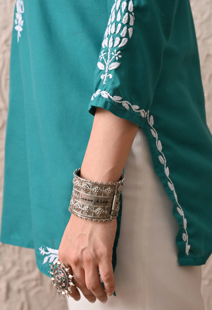 Women Hand Embroidered Lucknowi Chikankari Cotton Straight Short Top | Rama Green