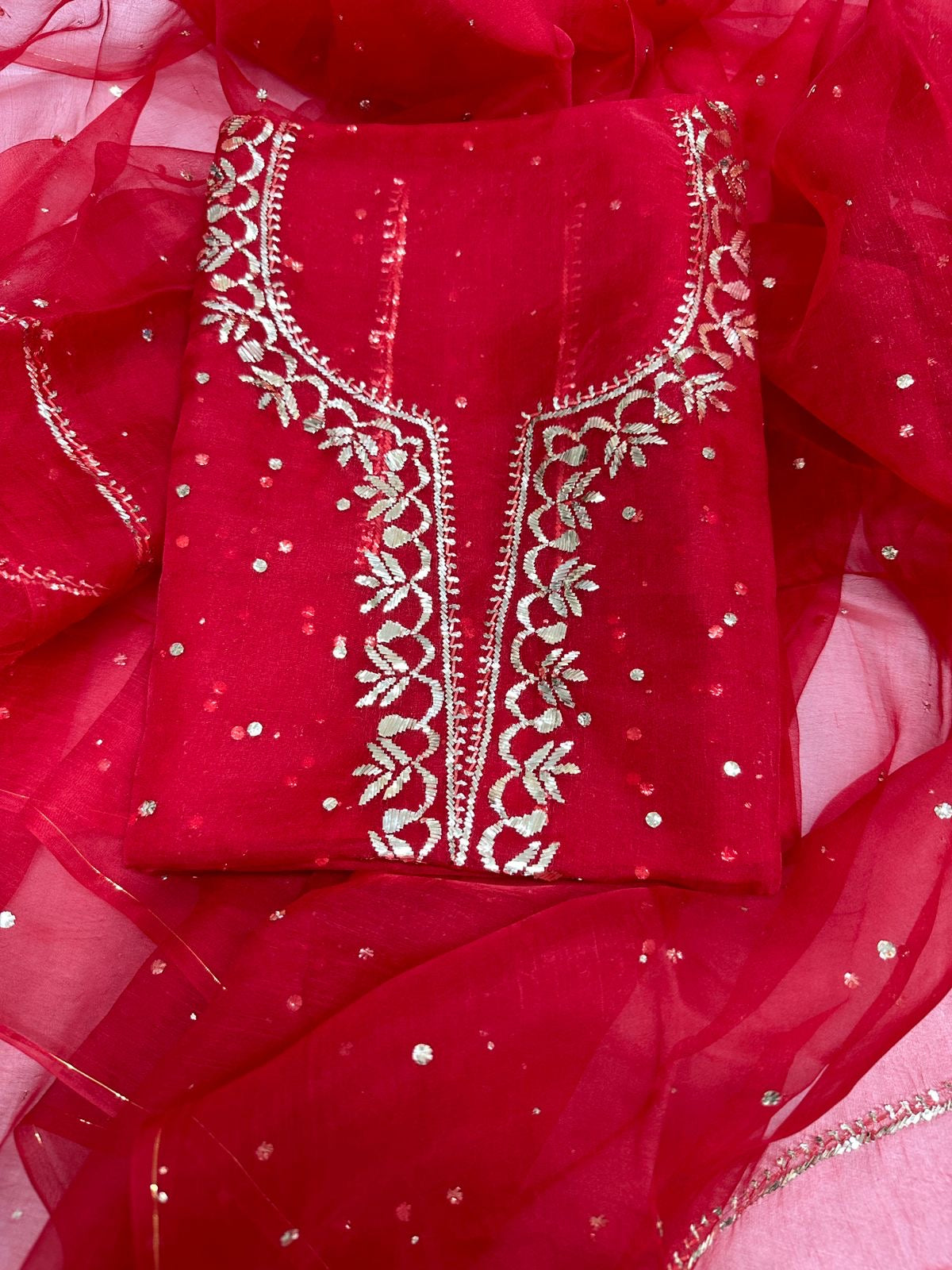 Premium Chikankari mukaish embroidery Unstitched kurti Fabric Red