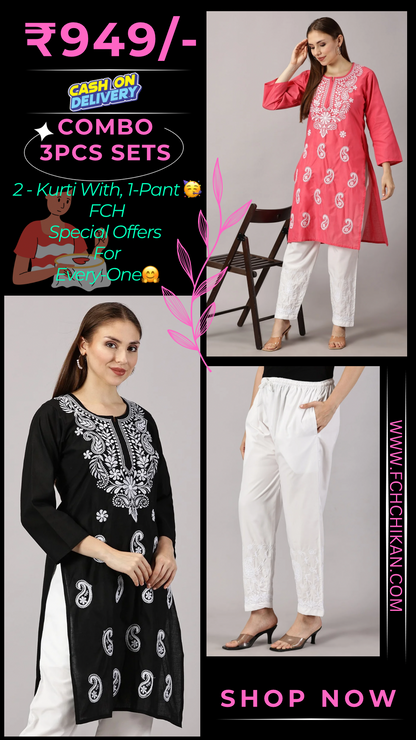 Embroidered Cotton Wear: 2 Kurtis + Pants Set | Women’s Cotton Kurti Set: Embroidery & Comfort Combo | Chic Cotton Sets Combo: Embroidered Kurtis and Pants | Stylish Cotton Kurti Set with Pants - 2 Piece Combo