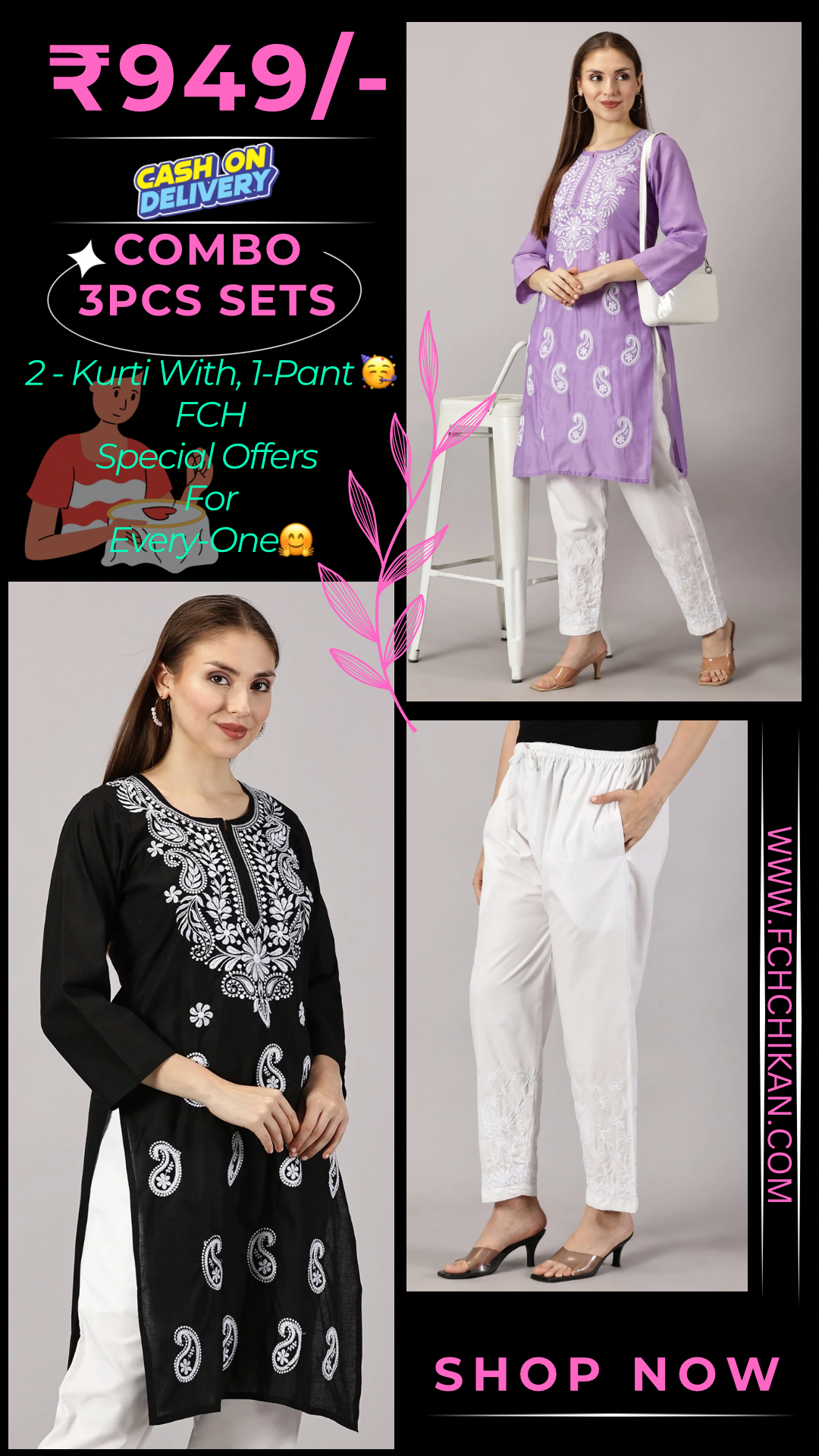 Embroidered Cotton Wear: 2 Kurtis + Pants Set | Women’s Cotton Kurti Set: Embroidery & Comfort Combo | Chic Cotton Sets Combo: Embroidered Kurtis and Pants | Stylish Cotton Kurti Set with Pants - 2 Piece Combo