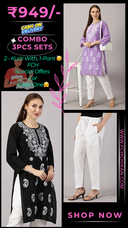 Embroidered Cotton Wear: 2 Kurtis + Pants Set | Women’s Cotton Kurti Set: Embroidery & Comfort Combo | Chic Cotton Sets Combo: Embroidered Kurtis and Pants | Stylish Cotton Kurti Set with Pants - 2 Piece Combo