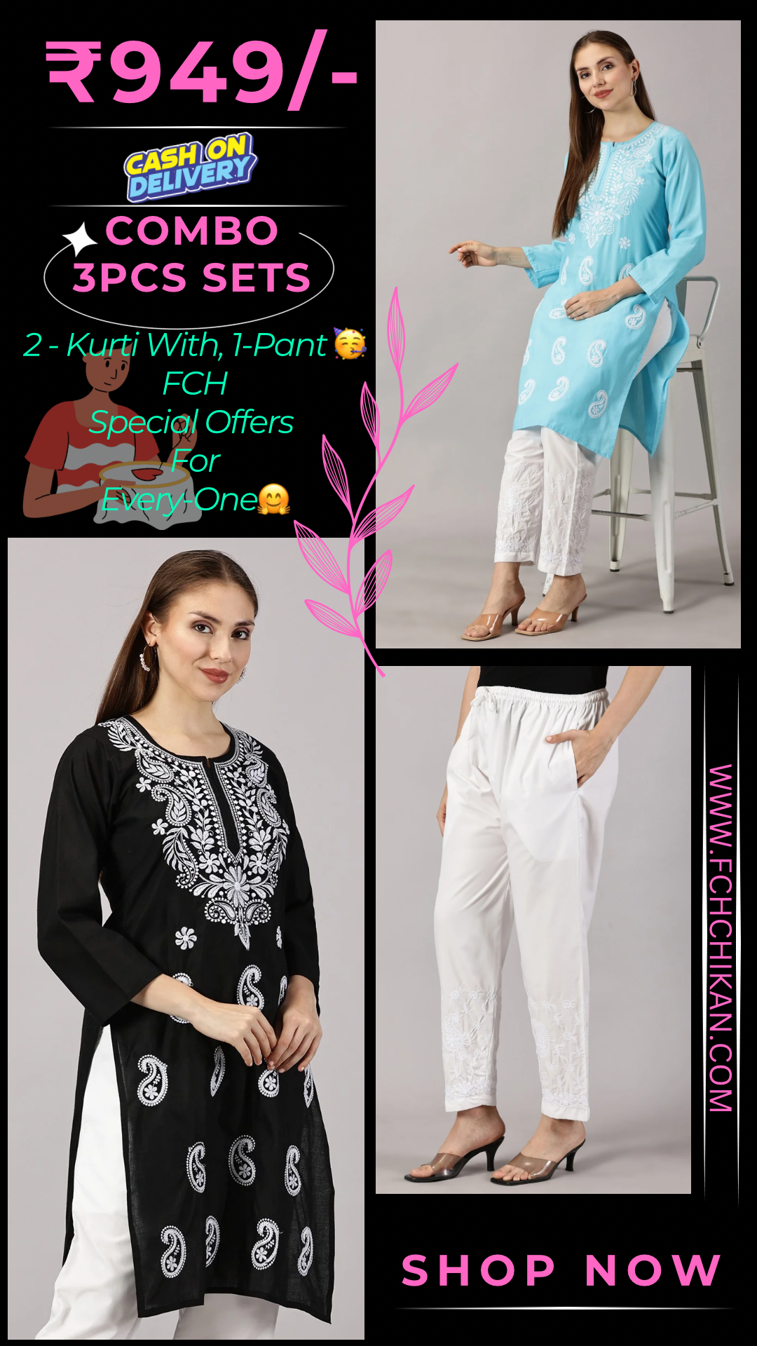 Embroidered Cotton Wear: 2 Kurtis + Pants Set | Women’s Cotton Kurti Set: Embroidery & Comfort Combo | Chic Cotton Sets Combo: Embroidered Kurtis and Pants | Stylish Cotton Kurti Set with Pants - 2 Piece Combo