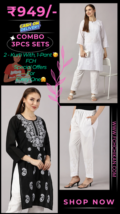 Embroidered Cotton Wear: 2 Kurtis + Pants Set | Women’s Cotton Kurti Set: Embroidery & Comfort Combo | Chic Cotton Sets Combo: Embroidered Kurtis and Pants | Stylish Cotton Kurti Set with Pants - 2 Piece Combo